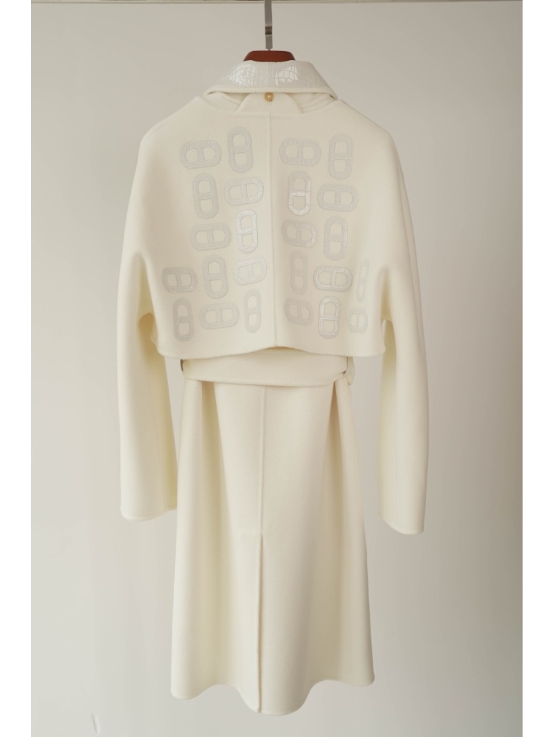 Hermes Two-Piece Cropped Jacket Hand-Stitched Lizard Pattern Cashmere Coat Vest white