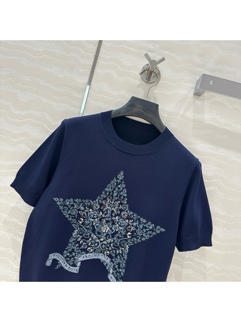 Dior Miss Dior Embroidered Star Short-Sleeve Knit Top Navy