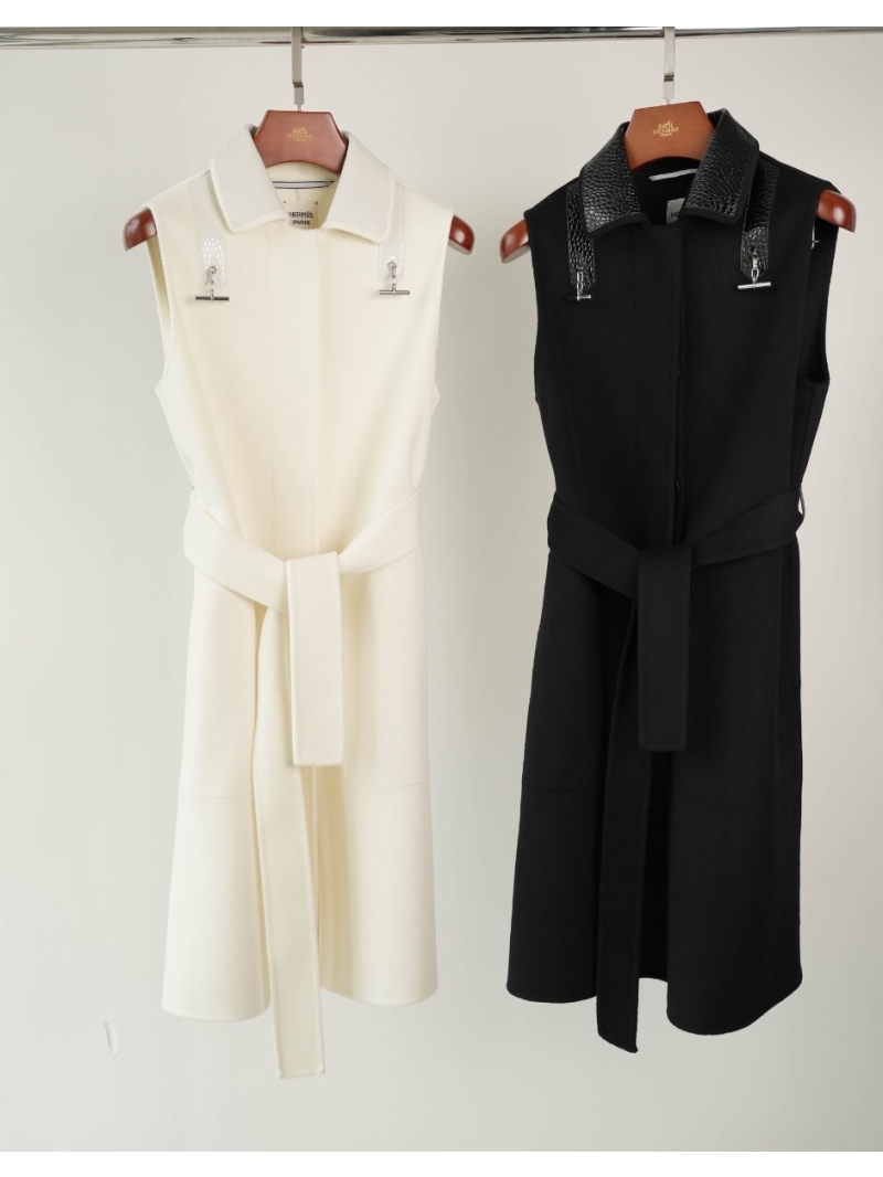 Hermes Two-Piece Cropped Jacket Hand-Stitched Lizard Pattern Cashmere Coat Vest Black