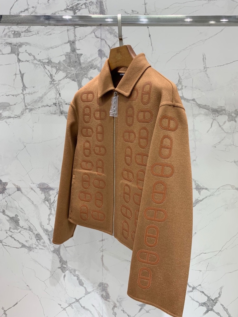 Hermes Hand-Stitched Lizard Pattern Cashmere Coat Camel