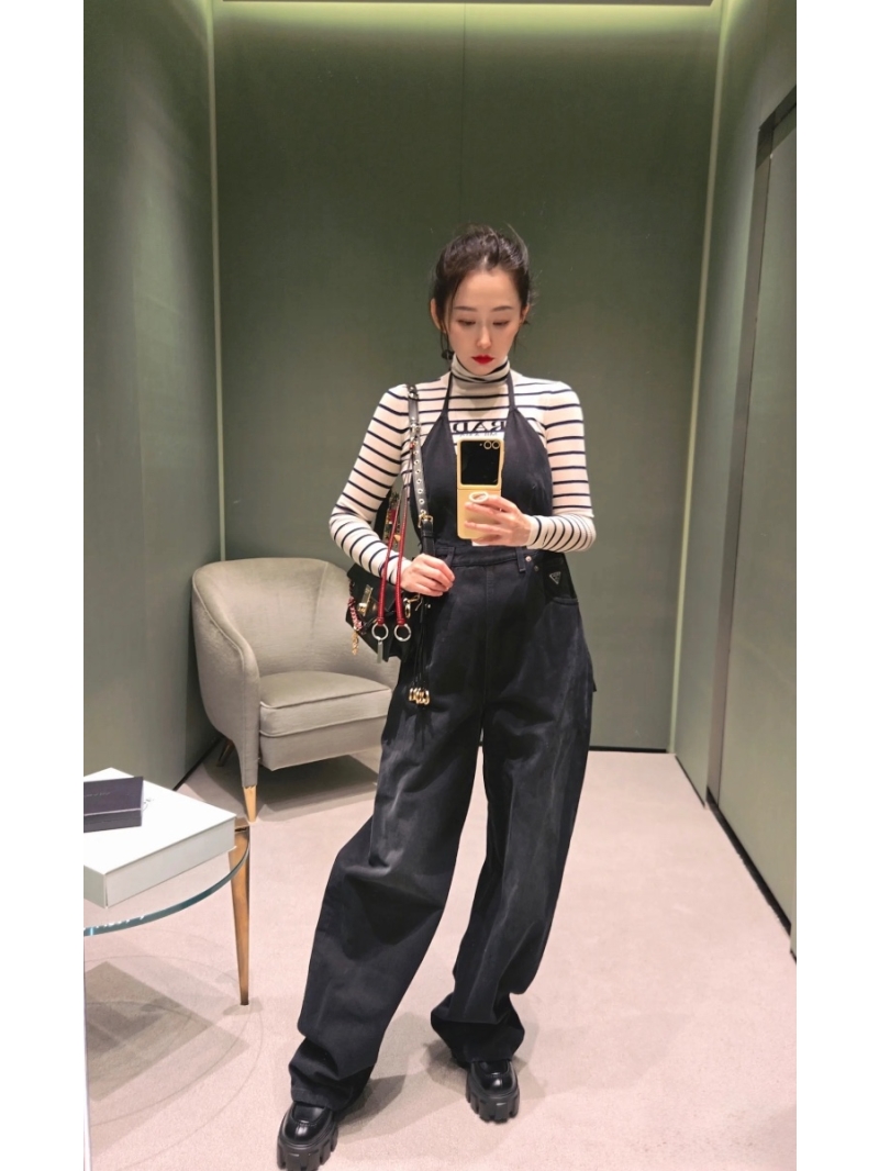 Prada 2025 Early Spring Halter Neck Denim Jumpsuit Black