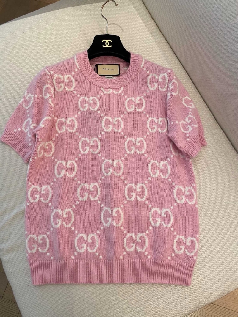 Gucci 2024 Wool Jacquard GG Knit Pink Short Sleeves Sweater