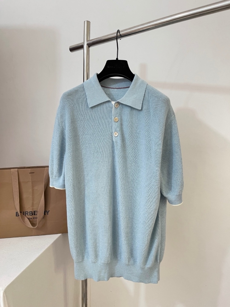 Brunello Cucinelli Exclusive Limited-Edition Linen-Cotton Contrast Ribbed Knit Polo Shirt Light Blue