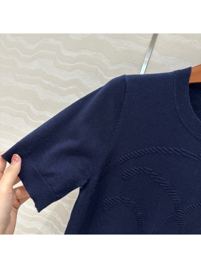 Hermes 16-Gauge Wool Knit Top with Logo Jacquard Navy - Elegant & Timeless
