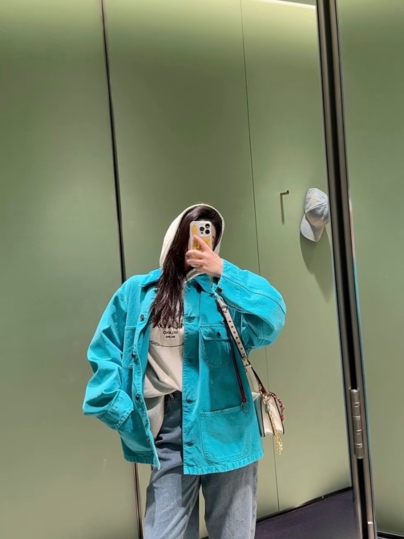 Prada Barn-Style Washed Denim Utility Jacket in Turkish Blue - Chic & Versatile