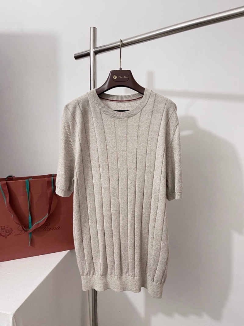 Loro Piana Exclusive Limited-Edition Striped Linen-Cotton Knit Short-Sleeve Sweater Beige