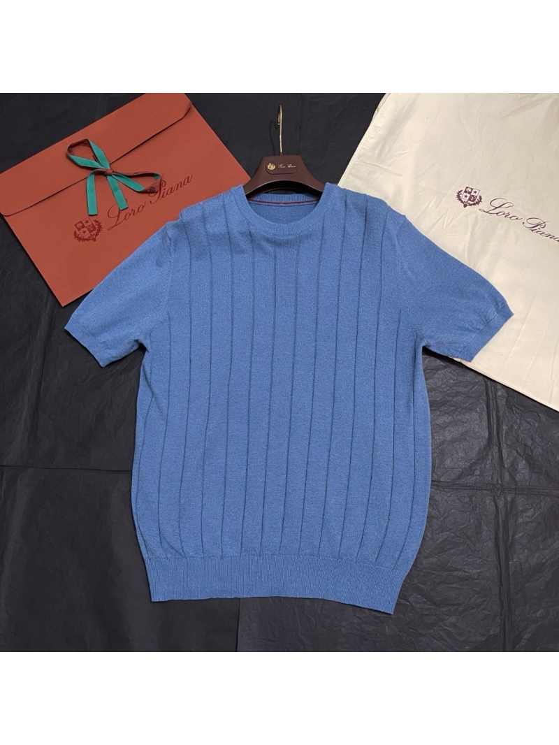 Loro Piana Exclusive Limited-Edition Striped Linen-Cotton Knit Short-Sleeve Sweater Blue
