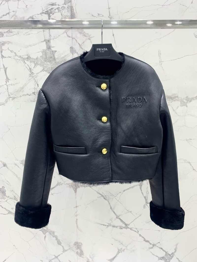 Prada Limited Edition Merino Leather and Fur Jacket with Skirt Set