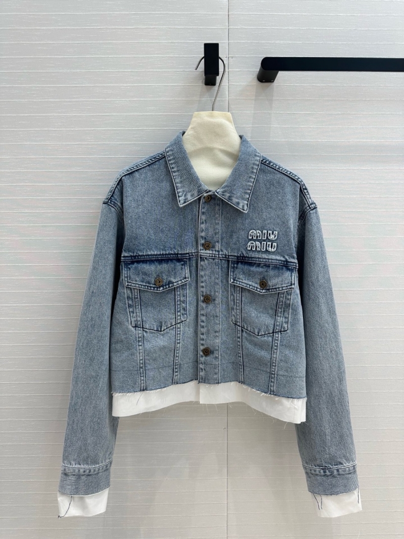 Miu Miu Summer Spring 2025 Imported Washed Denim Set Cropped Jacket & A-Line Skirt Set - Sweet & Edgy