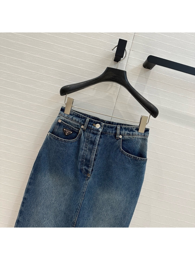 Prada 25SS Utility Denim Midi High Waist Skirt Slim Fit Style
