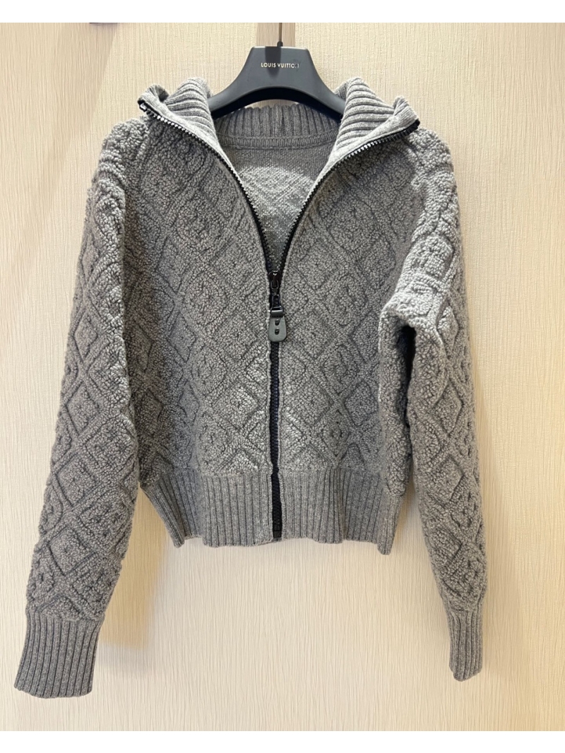 Louis Vuitton LV Monogram Embossed Grid Pattern Zip Cardigan Cropped Hooded Jacket - Elegant & Slimming