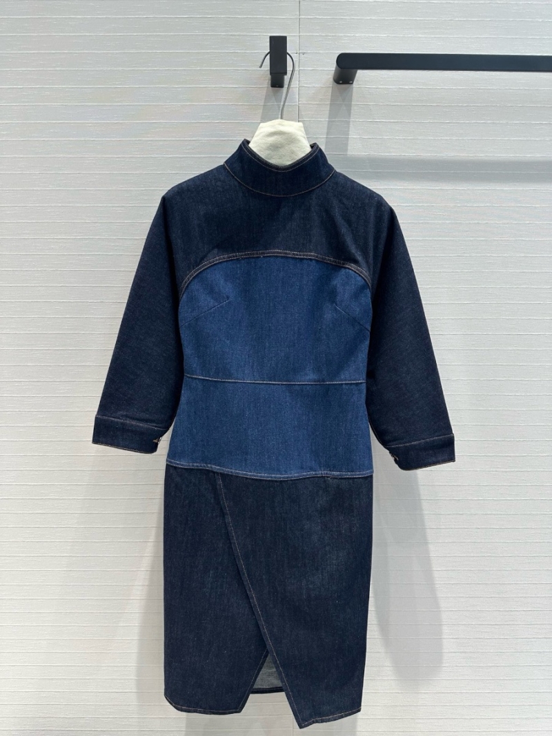 Fendi Colorblock Stand Collar Denim Dress