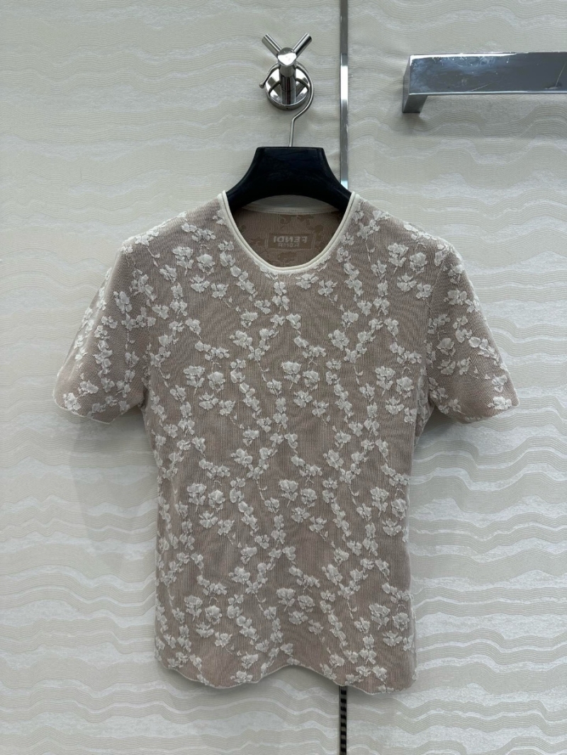 Fendi Exclusive Limited-Edition Lace Jacquard Silk Wool Knit Top Taupe