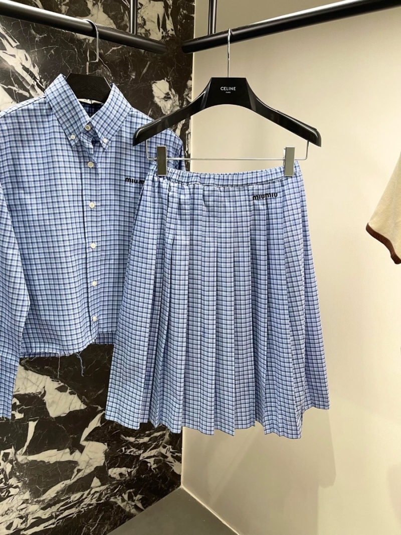 Miu Miu 2024 New Sky Blue Checkered Pleated Skirt