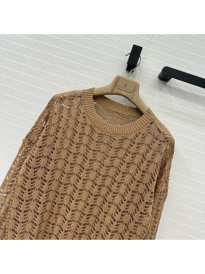 Brunello Cucinelli Exclusive Limited-Edition Openwork Sequin Knit Pullover Camel