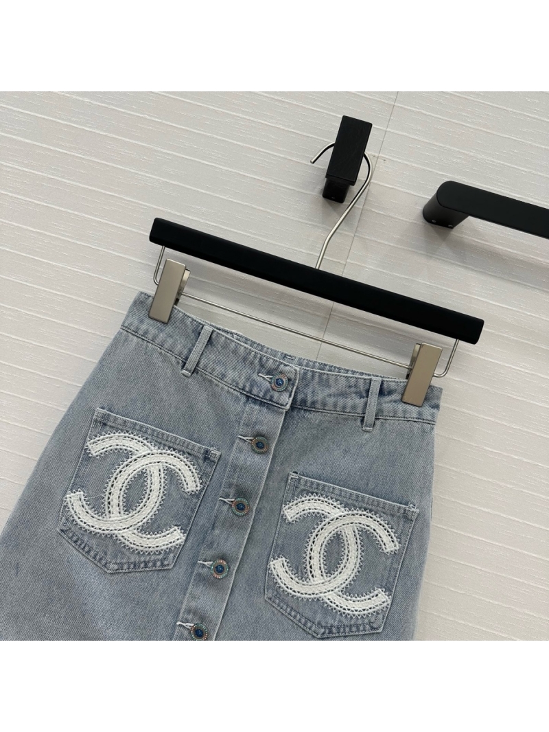 Chanel Coco Beach CC Lace Embroidery Denim Button-Front Mini Skirt