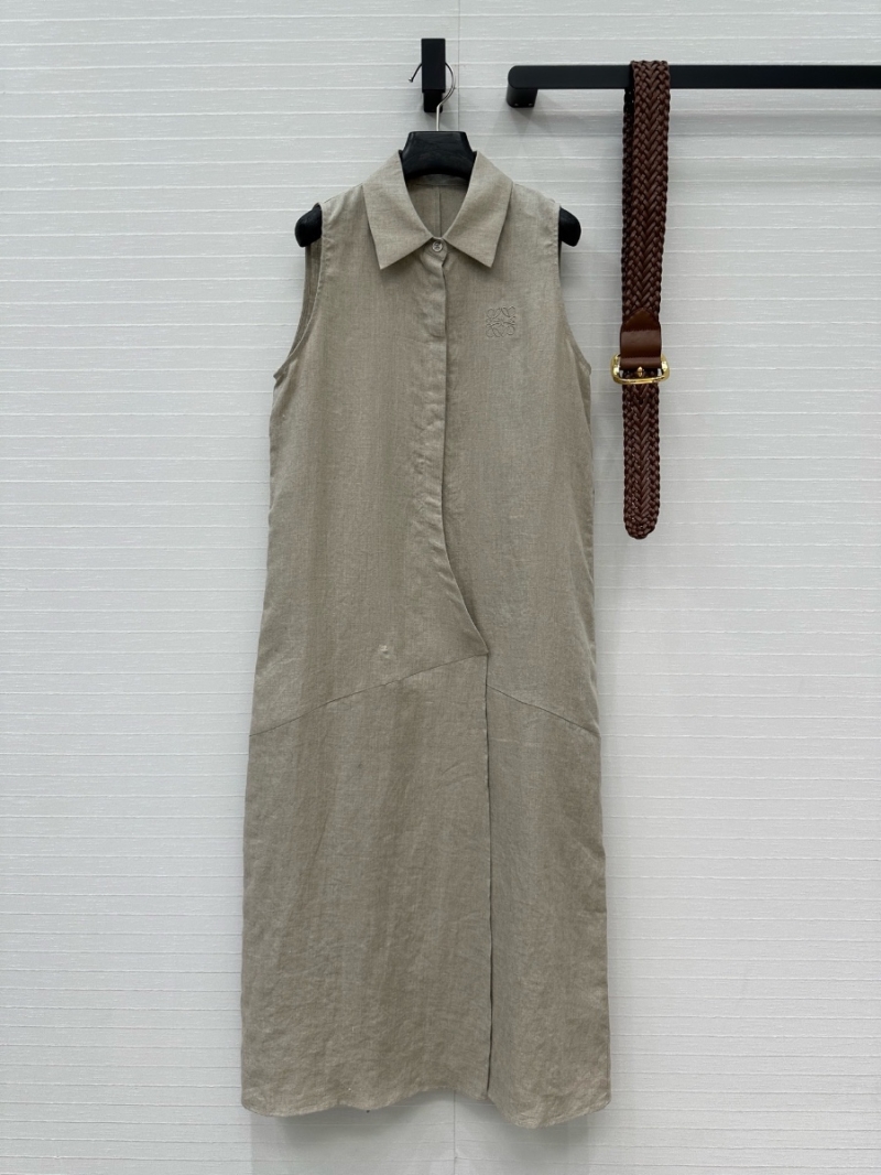 Loewe Sleeveless Linen Maxi Dress with Vintage Braided Belt Khaki