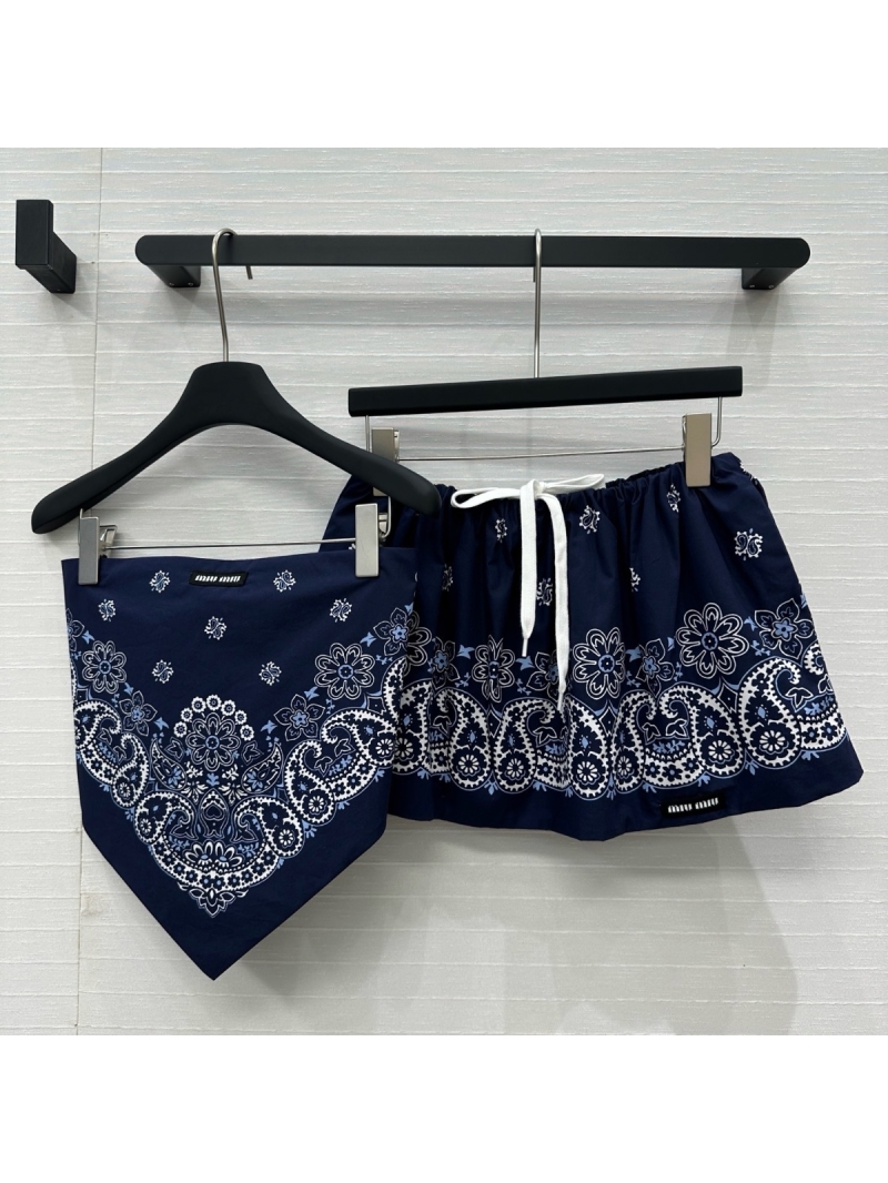 Miu Miu Exclusive Limited-Edition Paisley Print Backless Bandeau Top & Puff Mini Skirt Set BLUE