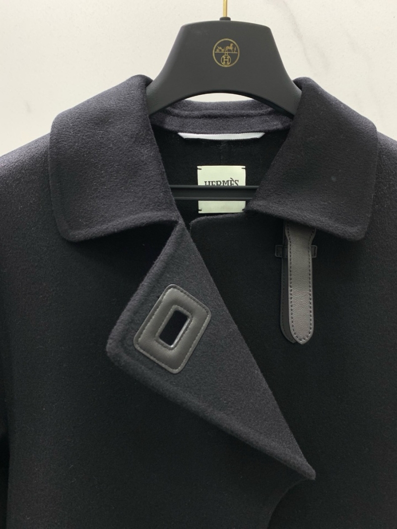 Hermes Inspired Imported Cashmere Double-Faced Coat with Leather Buckle Black