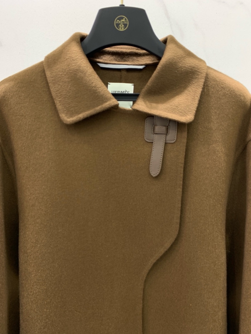 Hermes Inspired Imported Cashmere Double-Faced Coat with Leather Buckle Brown