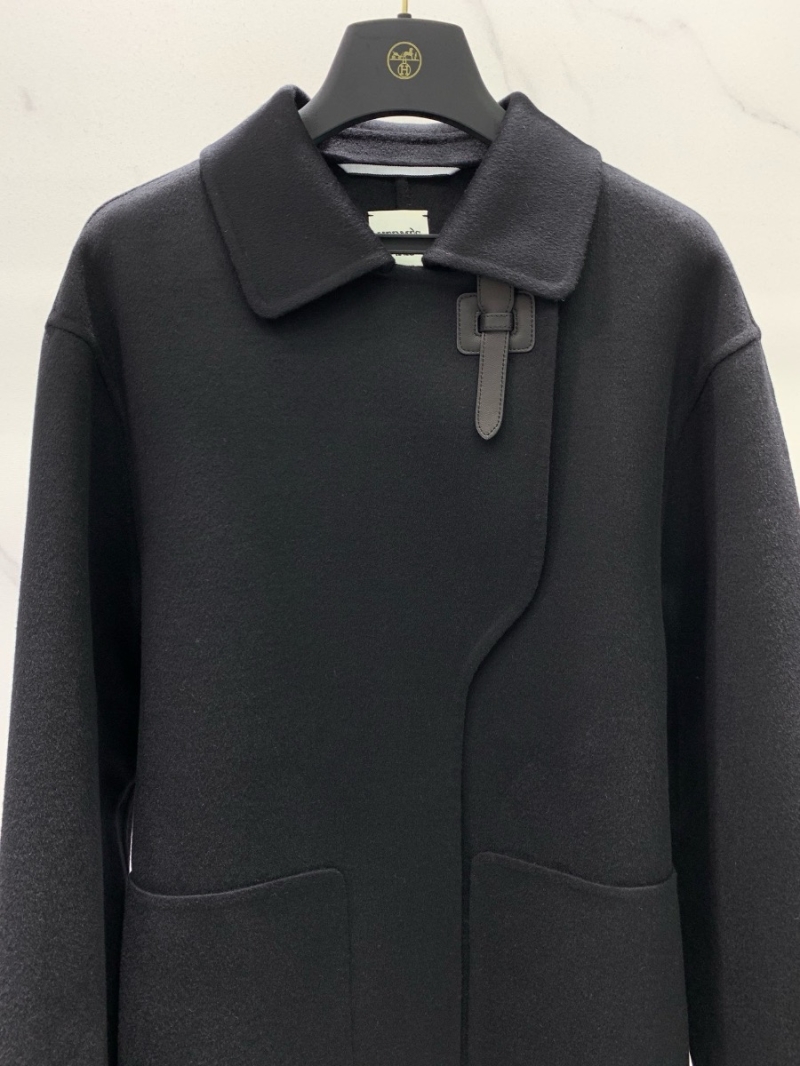 Hermes Inspired Imported Cashmere Double-Faced Short Coat with Leather Buckle Black