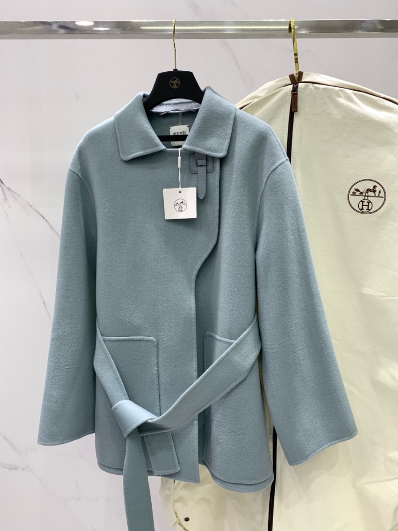 Hermes Inspired Imported Cashmere Double-Faced Short Coat with Leather Buckle Smog Blue