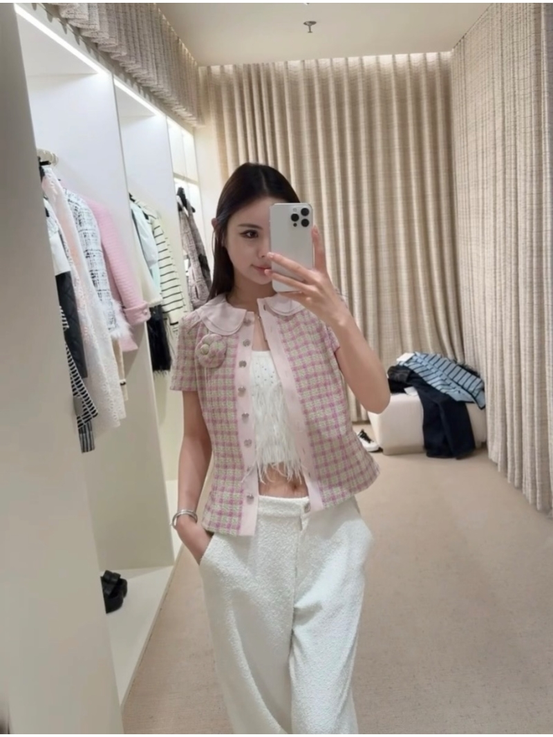 Chanel Exclusive Limited-Edition 25S Silk Doll Collar Tweed Short-Sleeve Top