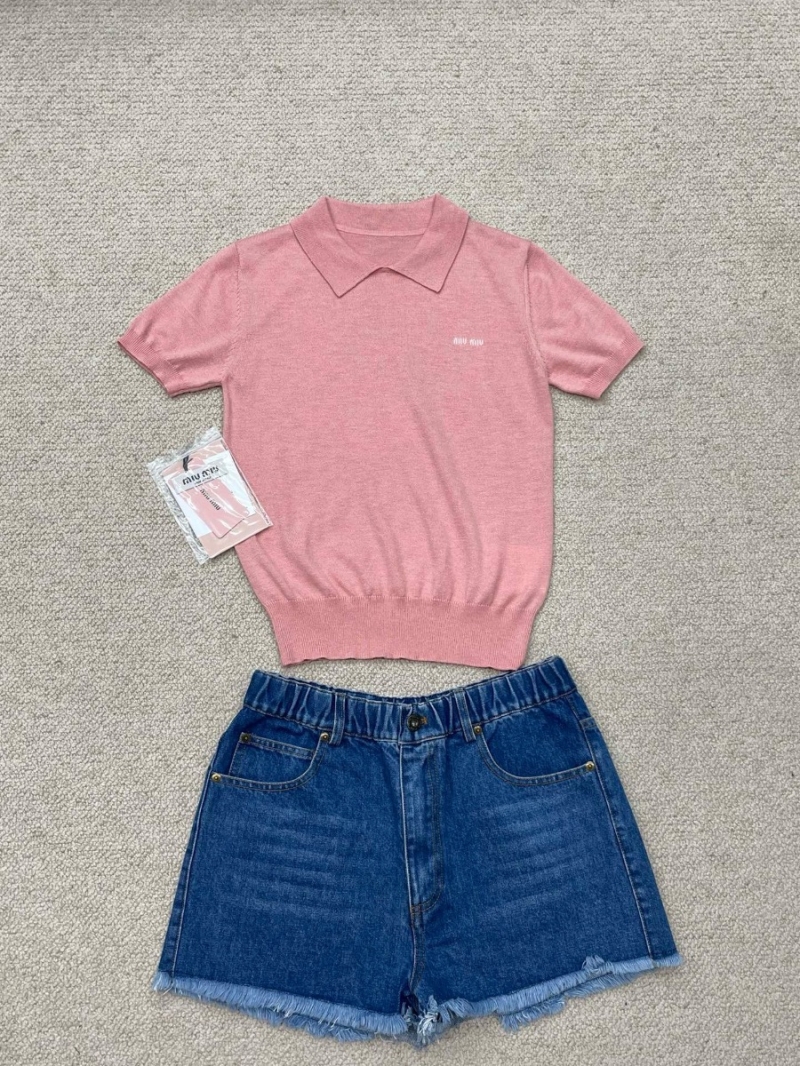 Miu Miu Pink Polo Collar Knit Short Sleeve Top
