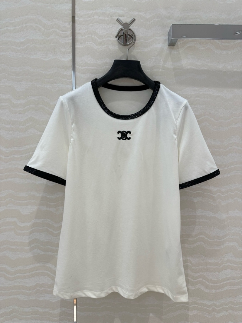 Celine Triomphe Embroidered Sequin-Trim Short-Sleeve T-Shirt
