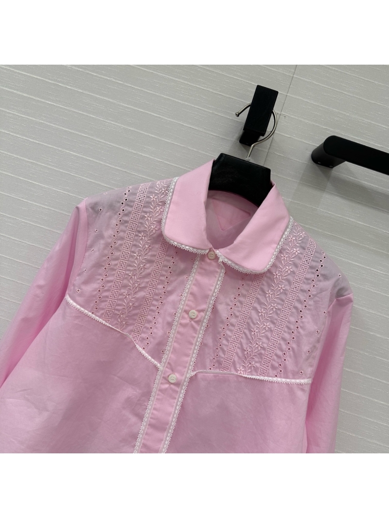 Prada France Pink Lace-Trim Cropped Shirt
