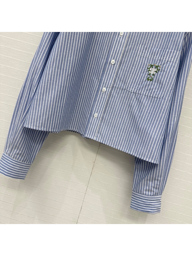 Celine 25SS Striped Cropped Shirt with Floral Embroidered Pocket