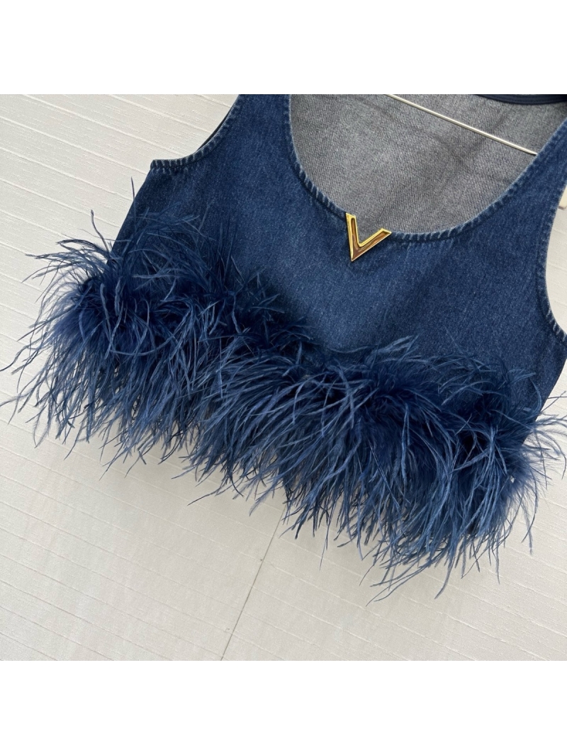 Valentino Exclusive Limited-Edition Ostrich Feather Trim Denim Crop Top