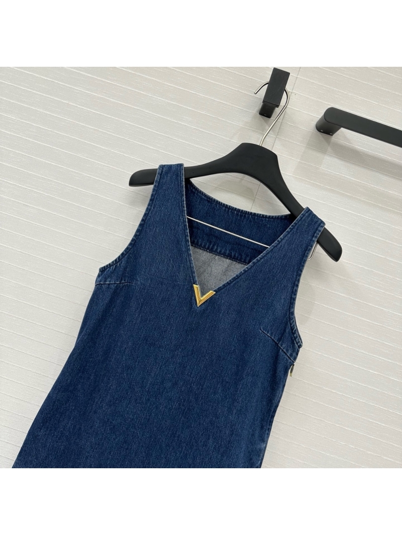 Valentino Exclusive Limited-Edition Ostrich Feather Trim Denim Sleeveless Dress