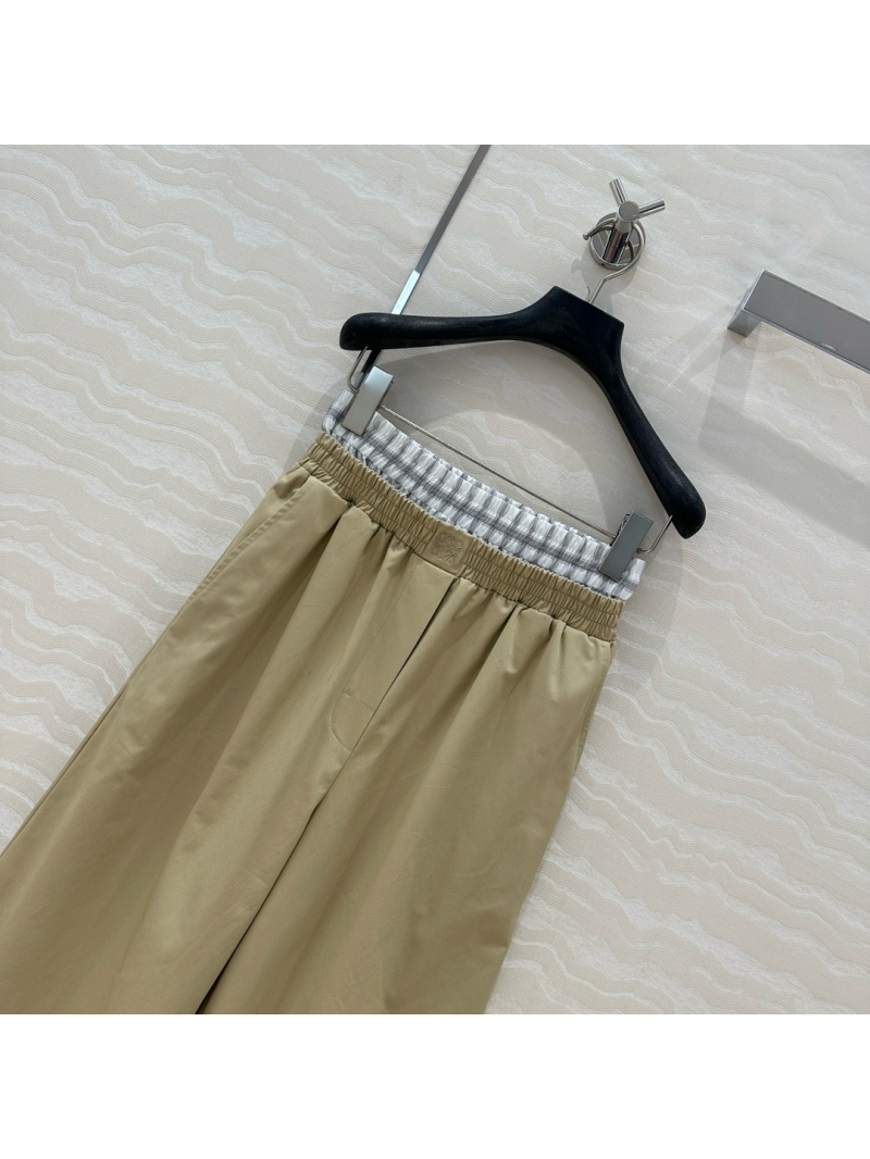 Loewe Premium Wide-Leg Straight Pants with Layered Elastic Waistband Beige