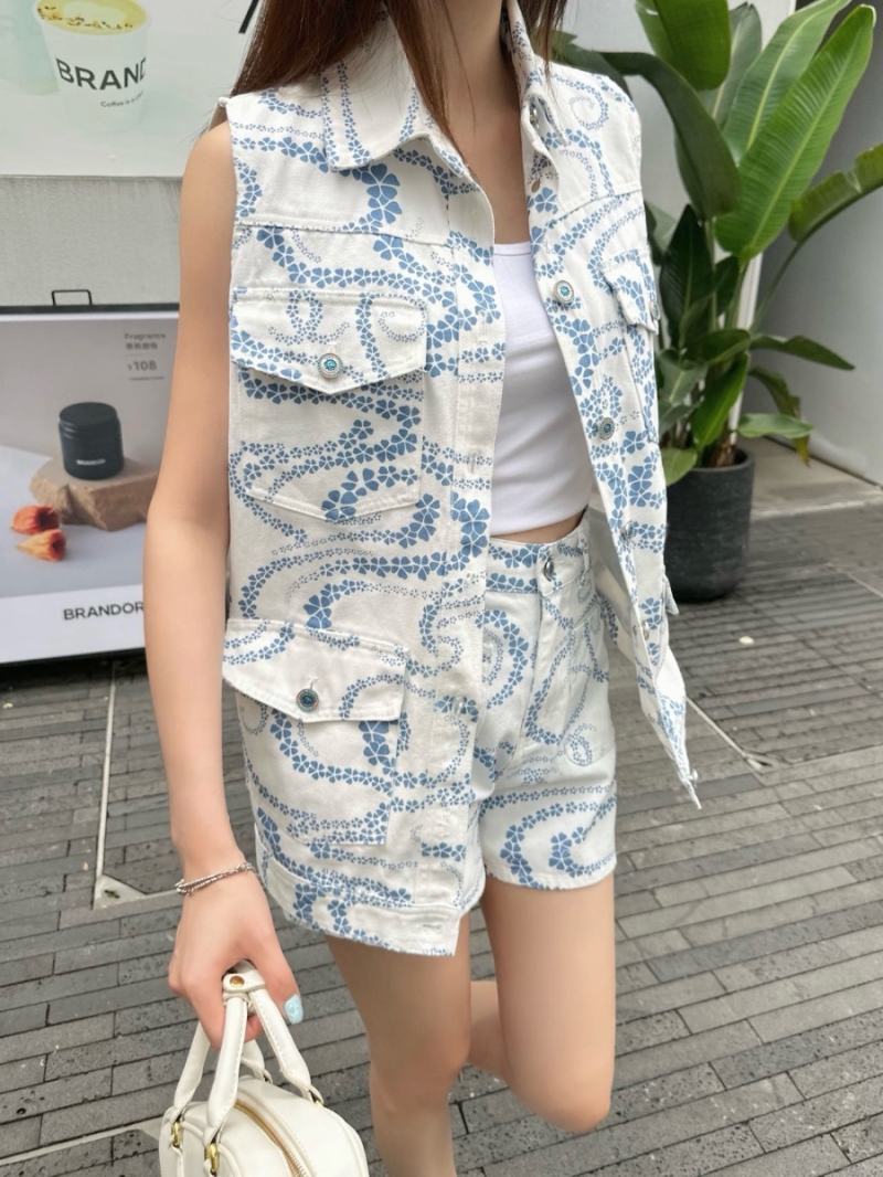Chanel Coco Beach “Serpentine Totem” Petal Wave Print Denim Vest Jacket Blue