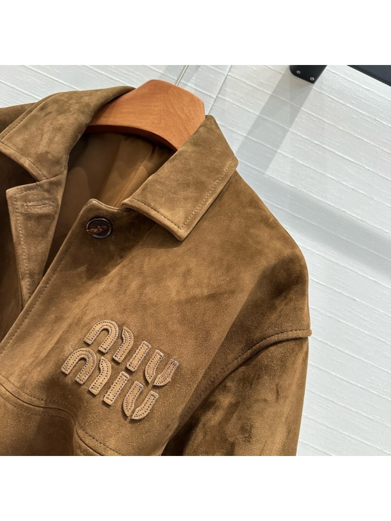 Miu Miu Belted Turn-Down Collar Shirt-Style Suede Leather Jacket