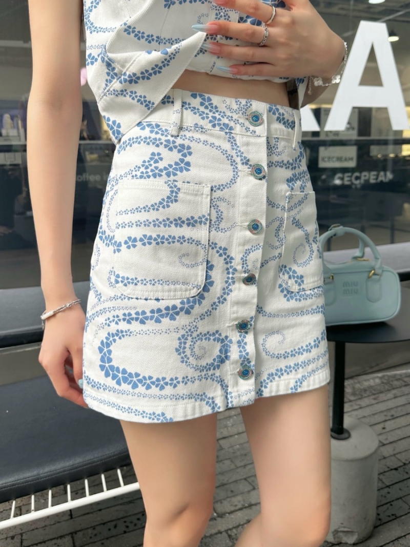 Chanel Coco Beach “Serpentine Totem” Petal Wave Print Denim Button-Front Mini Skirt Blue