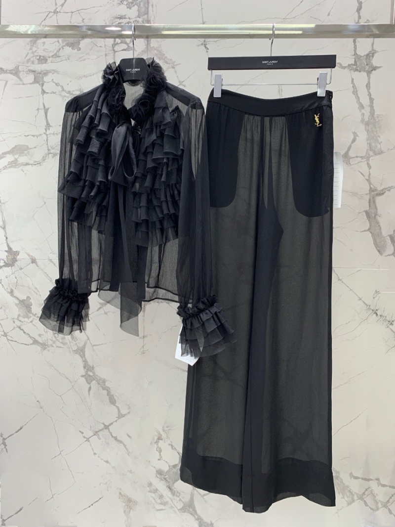 SAINT LAURENT 2024 Spring Collection Elegant Floral Shirt and Sheer Trousers