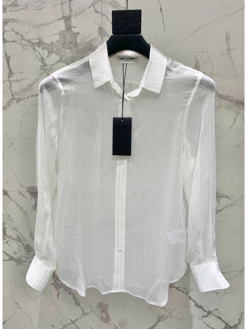 SAINT LAURENT 2024 New Collection Elegant Sheer Silk Blouse in Black/White Stripe