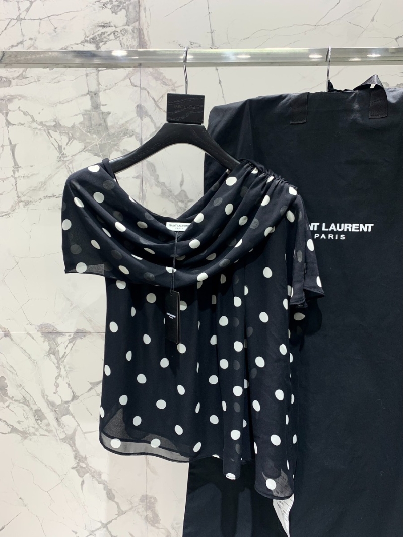 Saint Laurent Summer Romance Hand-Pleated Polka Dot Top in Sheer Chiffon