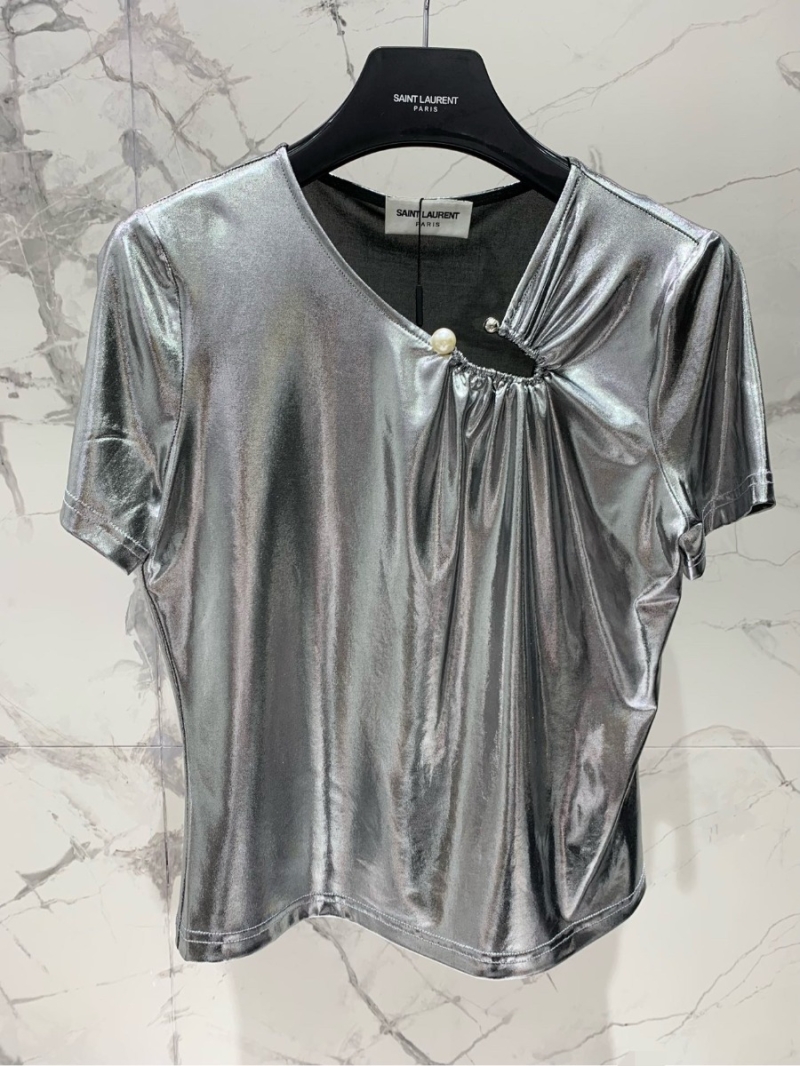 SAINT LAURENT 2024 Summer Metallic Gold Pleated Top Grey