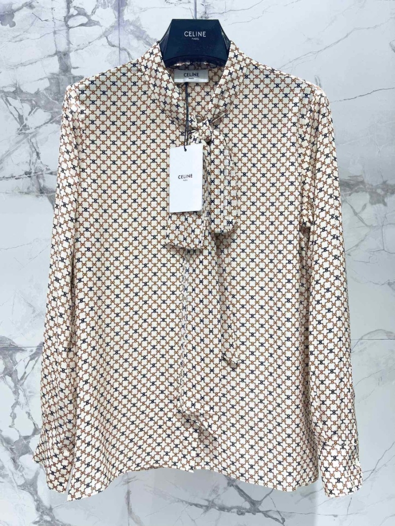 Celine Silk Crepe de Chine Triomphe Print Blouse with Tie Neck