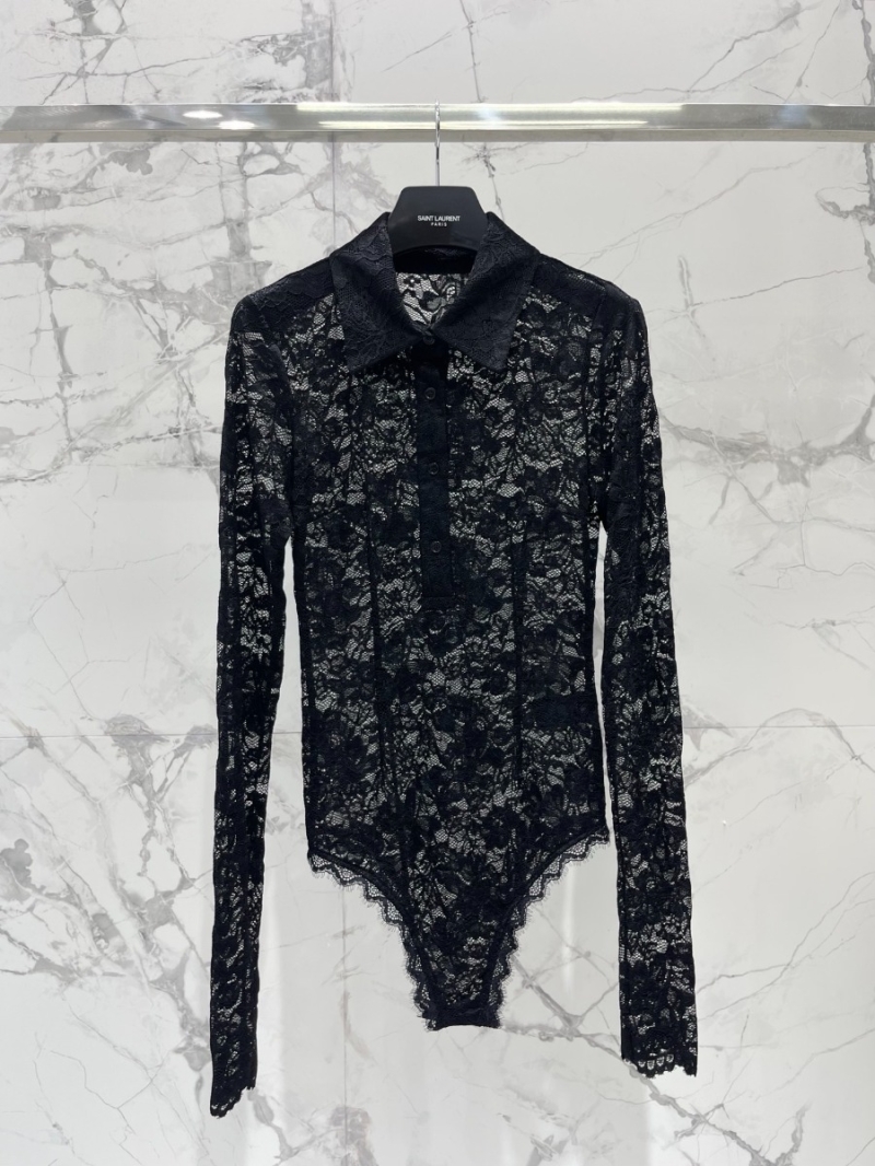 Saint Laurent Floral Lace Jacquard Long Sleeve Bodysuit in black