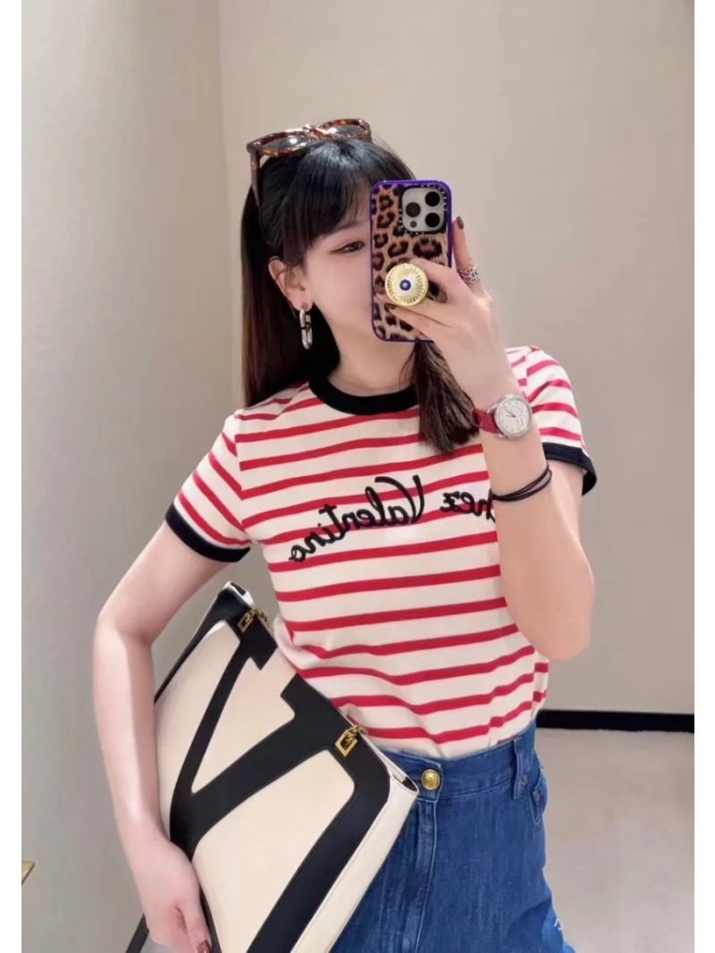 Valentino 2025 Early Spring Striped Embroidered Cotton T-Shirt Red