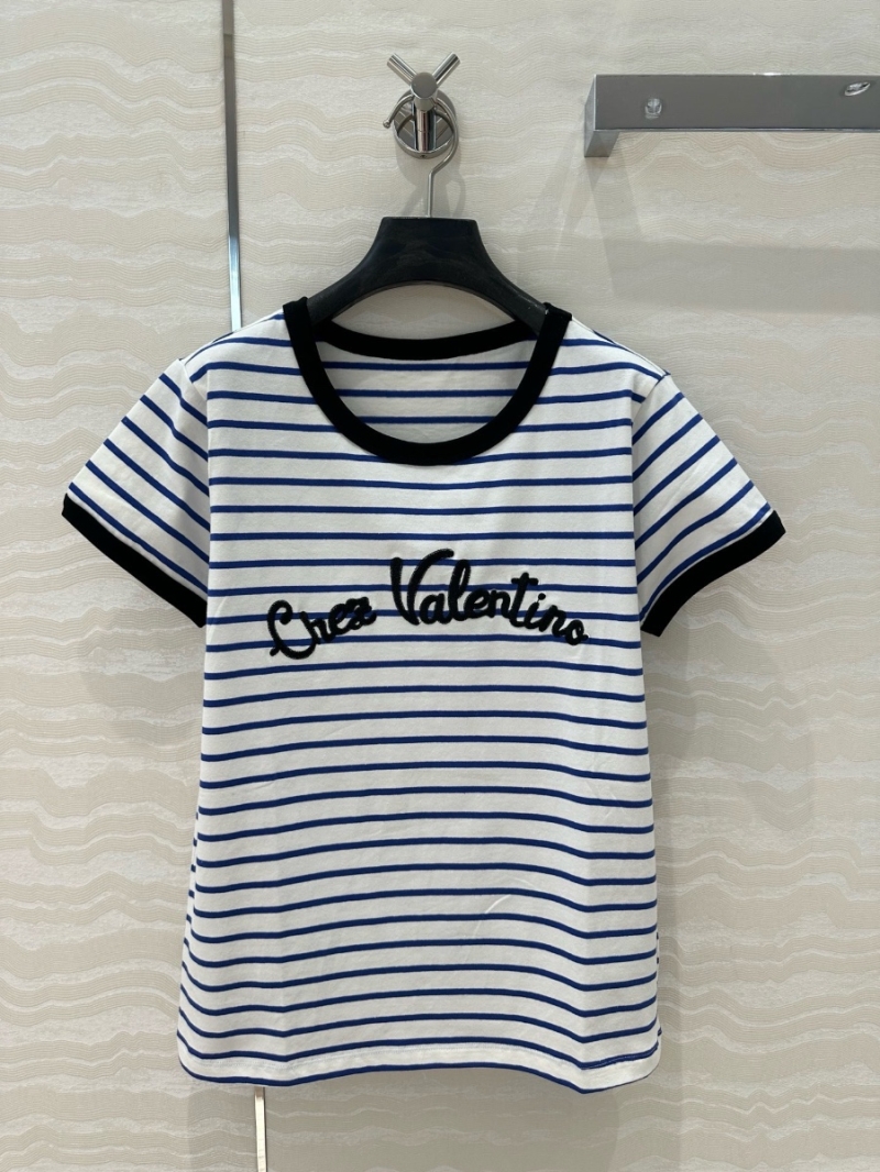 Valentino 2025 Early Spring Striped Embroidered Cotton T-Shirt Blue