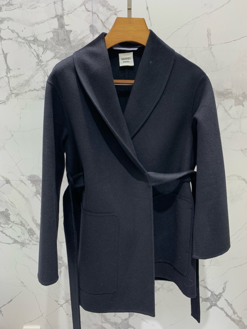 Hermes Cashmere Coat with Tie Belt - Short Style 2023 Collection Black