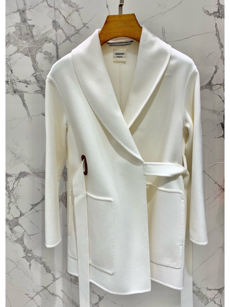 Hermes Cashmere Coat with Tie Belt - Short Style 2023 Collection White
