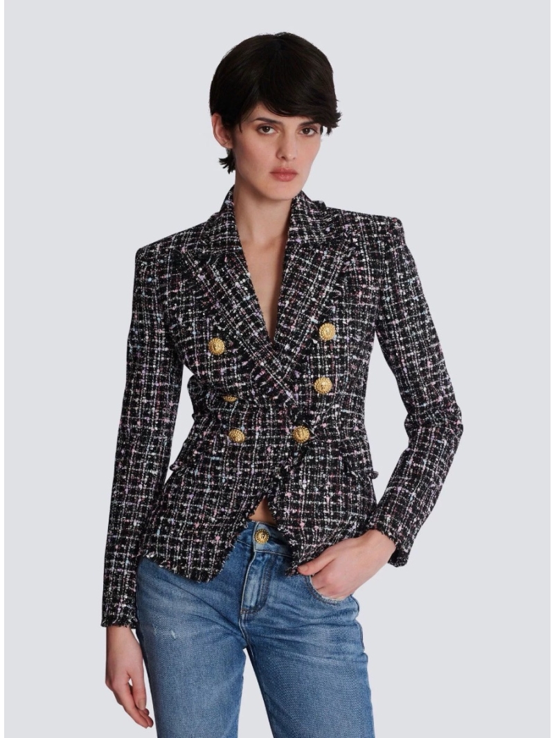 Balmain Modern Tweed Blazer with Fringe and Gold Button Details Jacket