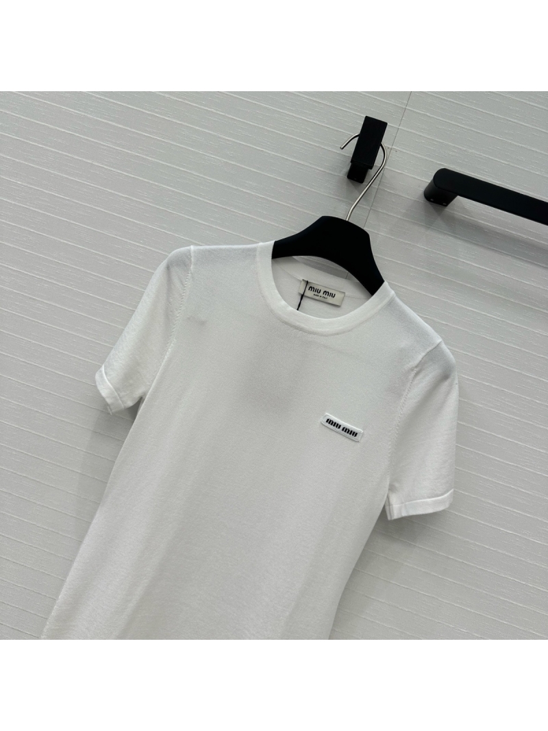 Miu Miu Ultra-Fine Knit Short-Sleeve Lace-Trim Dress White