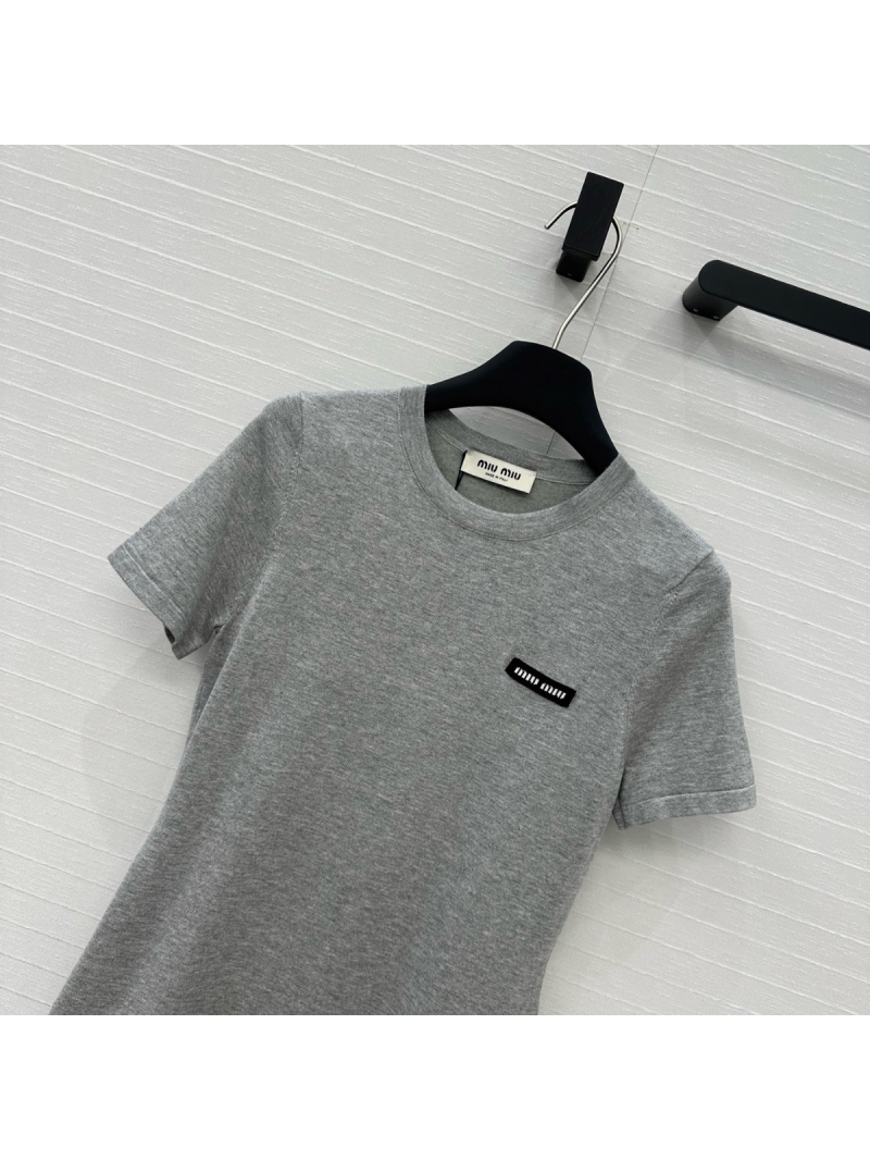 Miu Miu Ultra-Fine Knit Short-Sleeve Lace-Trim Dress Grey